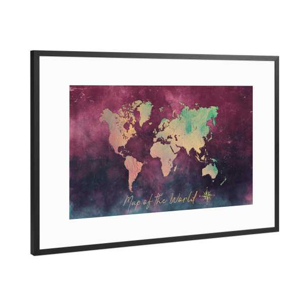 Poster mit Rahmen Schwarz (Metallic) "World map red yellow" artboxONE - Reise,Reise / Länder,Kartografie