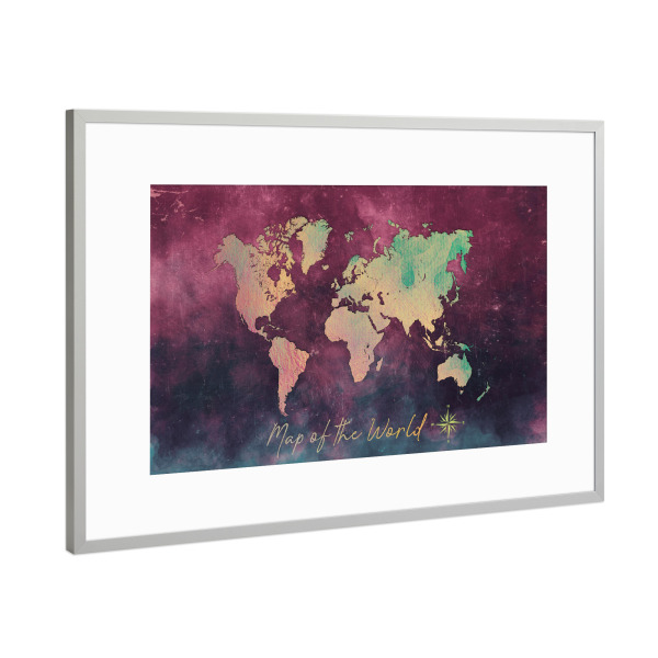 Poster mit Rahmen Silber "World map red yellow" artboxONE - Reise,Reise / Länder,Kartografie