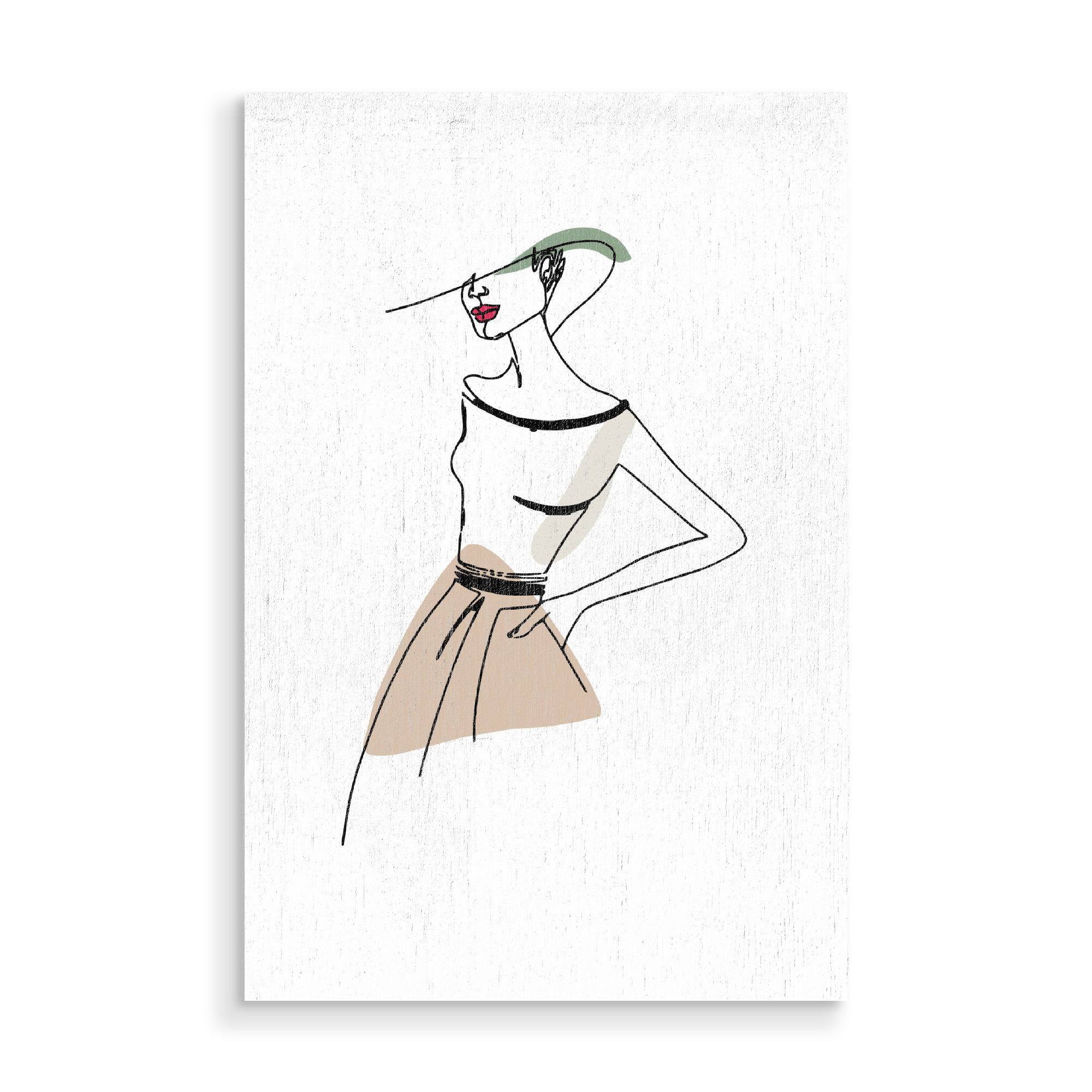 Holzbild "Frau mit neuer Mode" artboxONE - Menschen,Fashion - Kleider,Hut,Rock,Klamotten,Linien,Woman,Frau,Female,Minimal,Fashion,Mode,Wear