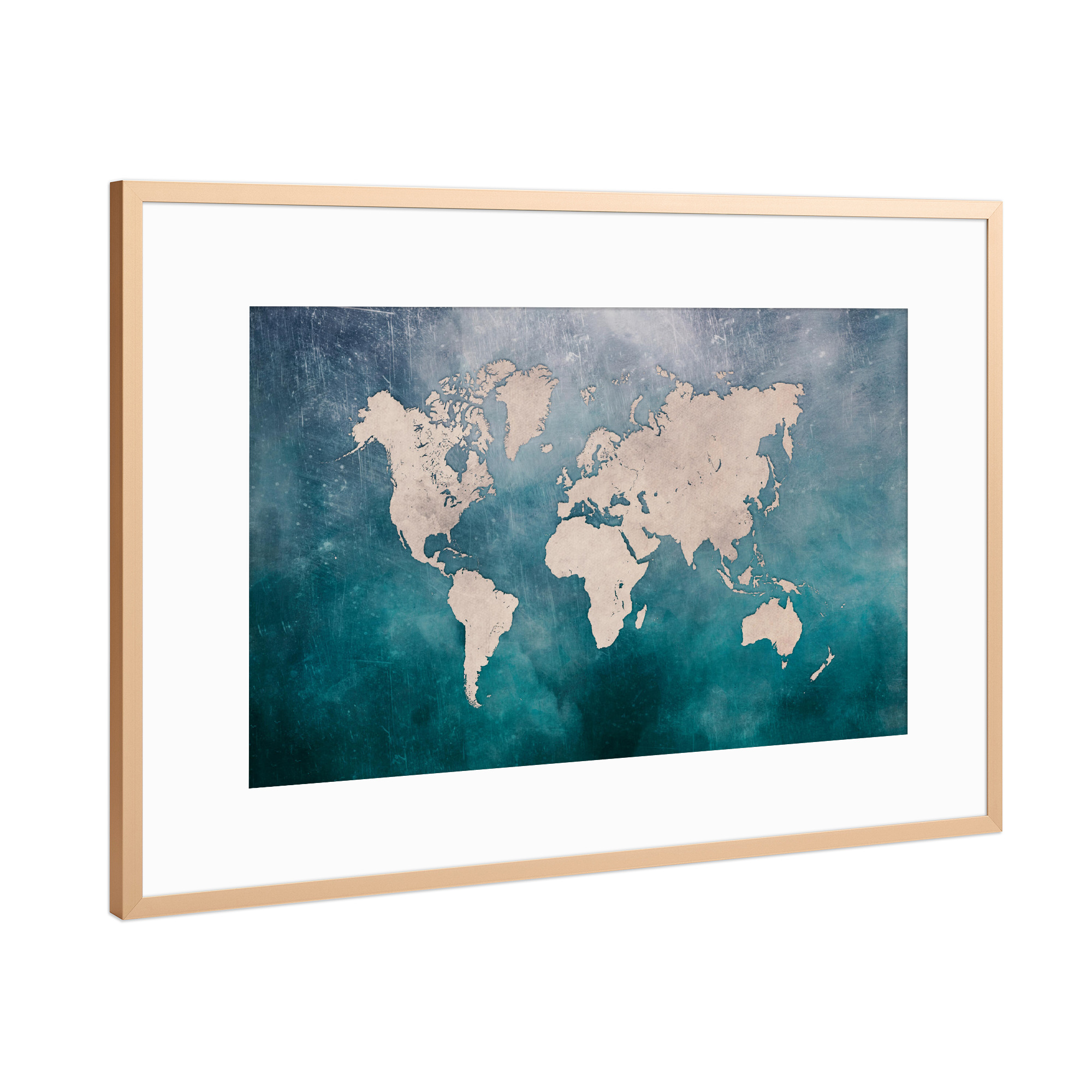 Poster mit Rahmen Kupfer "World map light grey blue" artboxONE - Reise,Kartografie