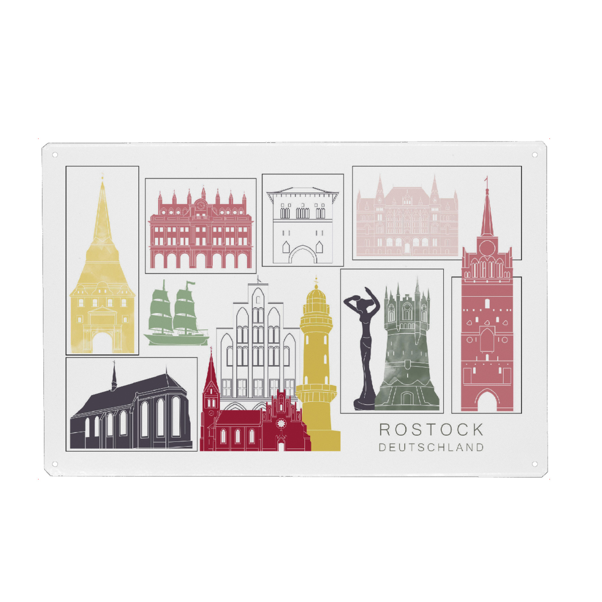 Holzbild "Rostock skyline burgundy" artboxONE - Städte,Reise,Architektur,Kartografie