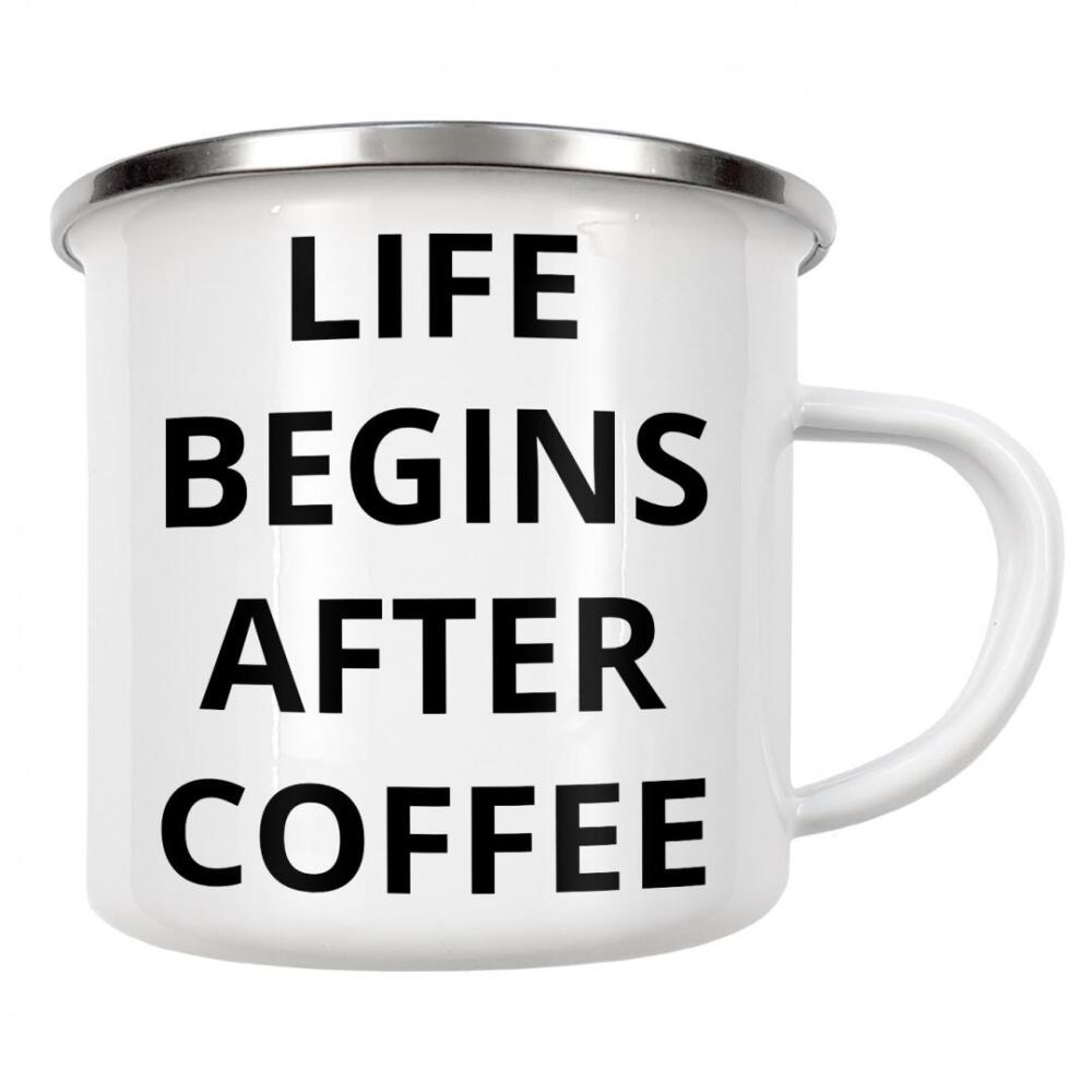Emaille Tasse "Life begins after coffee typo" artboxONE - Typografie,Essen & Trinken