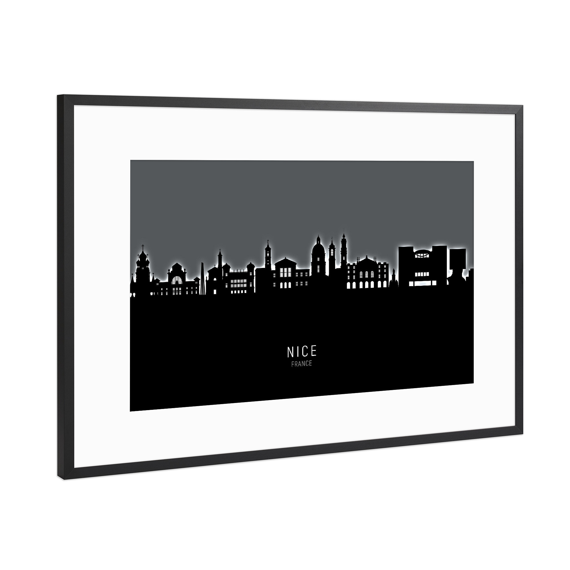 Poster mit Rahmen Schwarz (Metallic) "Nice France Skyline Glow White" artboxONE - Städte