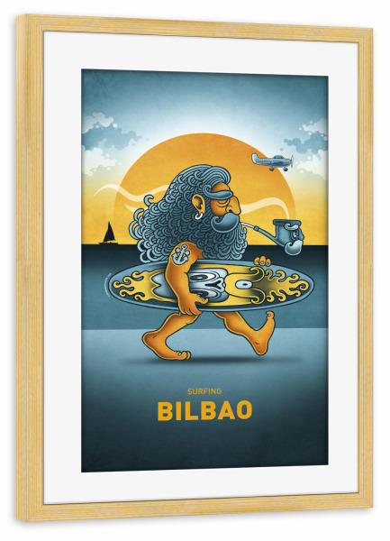Poster mit Rahmen kiefer "Bilbao Surfer" artboxONE - Städte,Reise,Streetart,Lustig - Bilbao,Surfingbilbao,Surfingposter,Surfer,Sun,Sonnen,Streetart