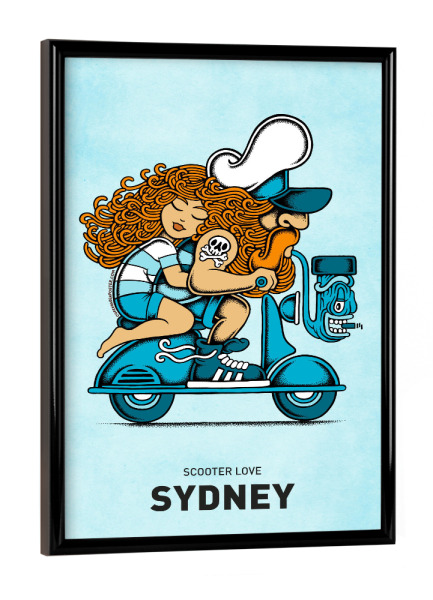 Poster mit schwarzem Rahmen "Sydney Scooter Love" artboxONE - Reise,Liebe,Städte / Sydney,Lustig