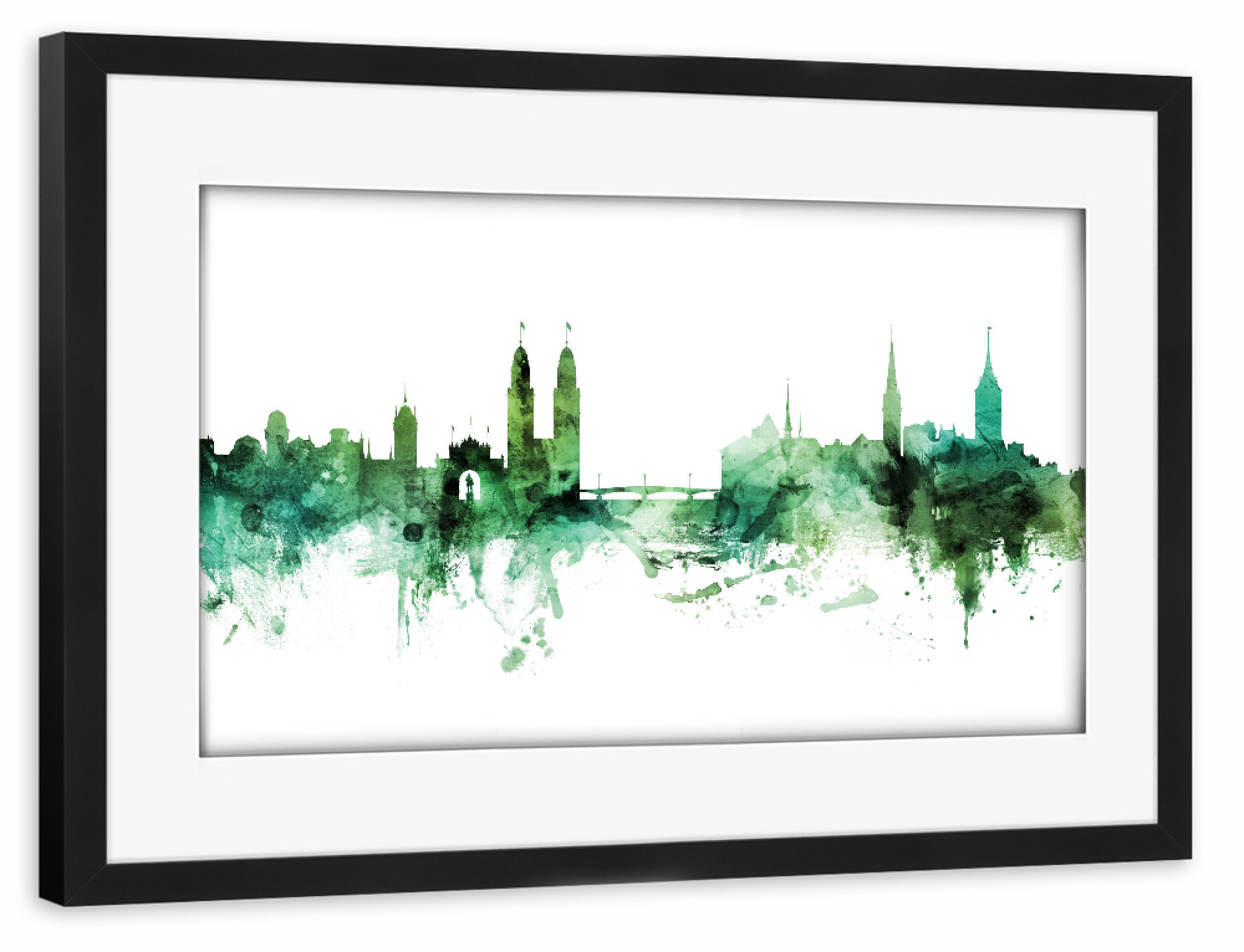 Poster mit Rahmen schwarz "Zurich Switzerland Skyline Green" artboxONE - Städte,Städte / Zürich