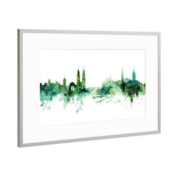 Poster mit Rahmen Silber "Zurich Switzerland Skyline Green" artboxONE - Städte,Städte / Zürich