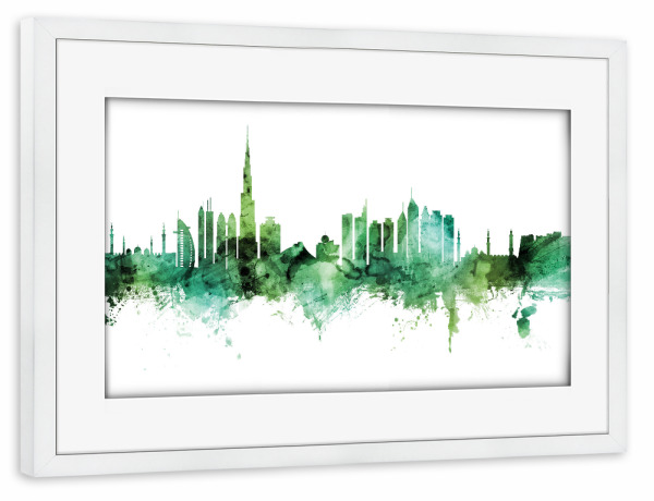 Poster mit Rahmen weiß "Dubai Skyline Green" artboxONE - Städte,Städte / Dubai