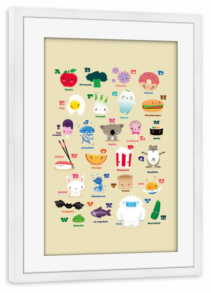 Poster mit Rahmen weiß "Kinderzimmerbild Kawaii Alphabet" artboxONE - Für Kinder,Tiere,Essen & Trinken,Buchstaben,Lustig