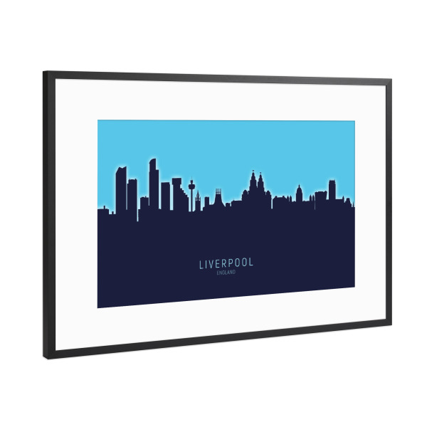 Poster mit Rahmen Schwarz (Metallic) "Liverpool Skyline Glow Blue" artboxONE - Städte,Architektur
