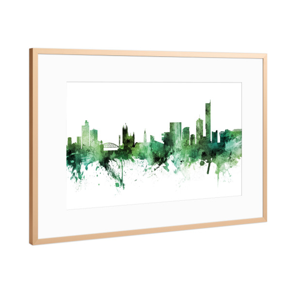 Poster mit Rahmen Kupfer "Manchester England Skyline Green" artboxONE - Städte