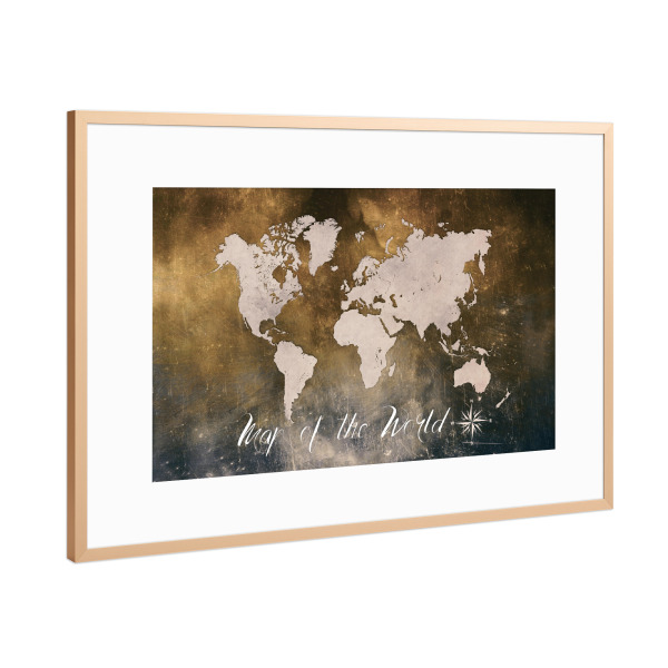 Poster mit Rahmen Kupfer "World map brown gold" artboxONE - Reise,Reise / Länder,Kartografie