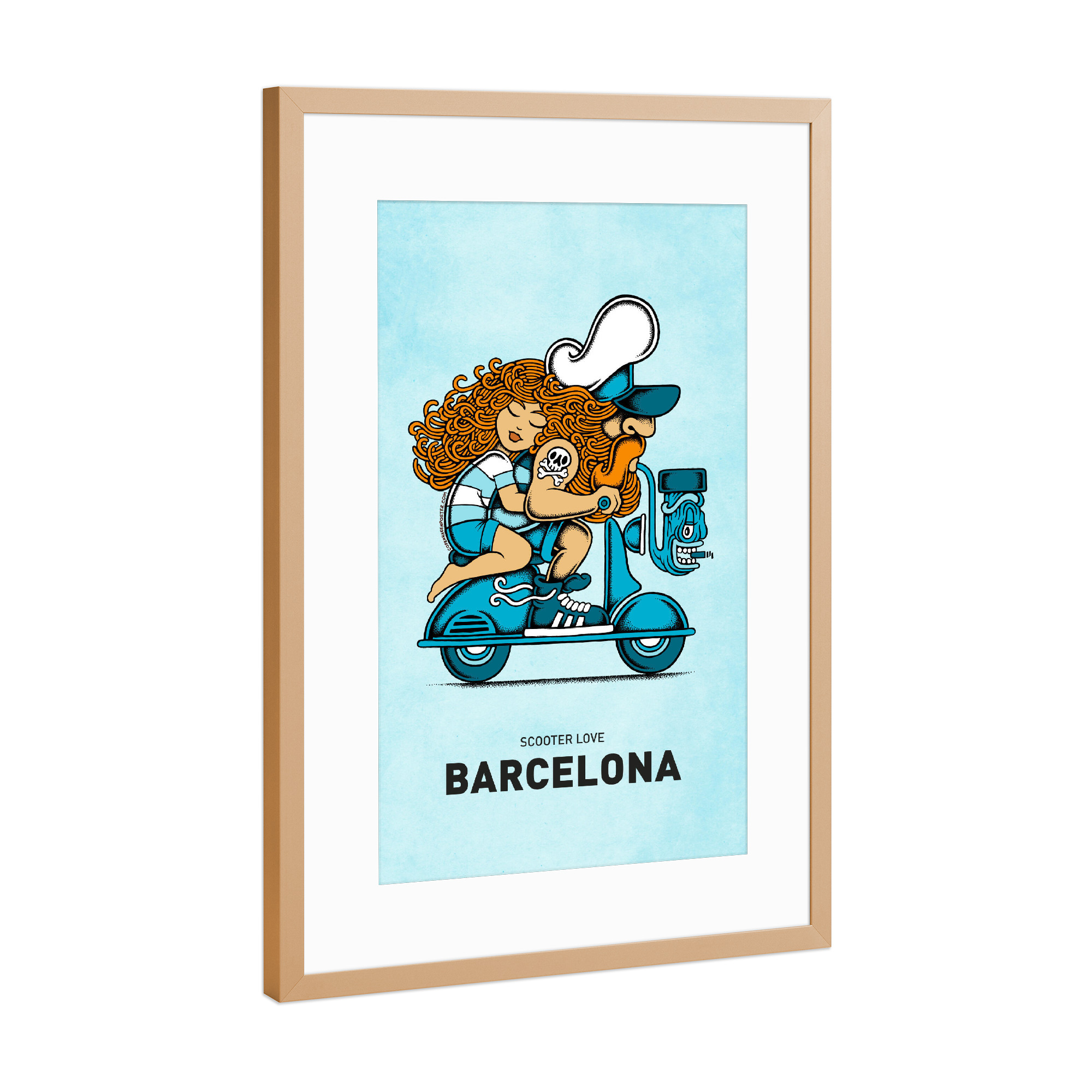 Poster mit Rahmen Kupfer "Barcelona Scooter Love" artboxONE - Städte,Reise,Liebe,Städte / Barcelona,Lustig