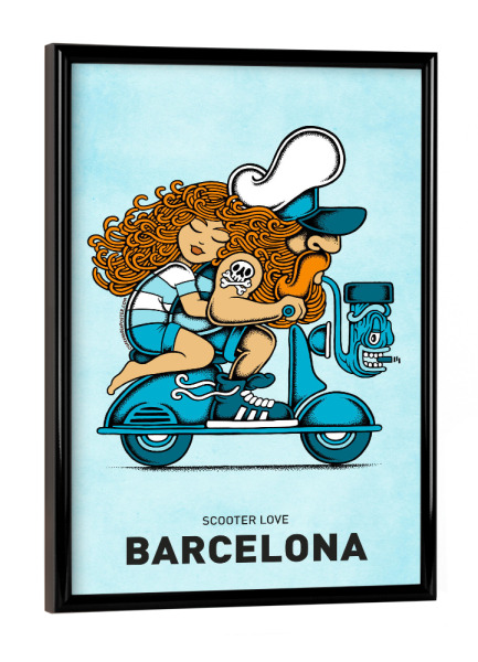 Poster mit schwarzem Rahmen "Barcelona Scooter Love" artboxONE - Städte,Reise,Liebe,Städte / Barcelona,Lustig