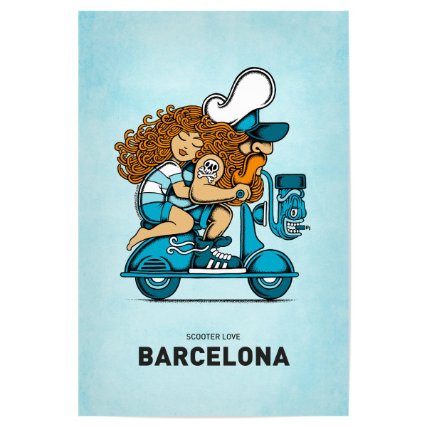 Poster 30x20 cm "Barcelona Scooter Love" artboxONE - Städte,Reise,Liebe,Städte / Barcelona,Lustig