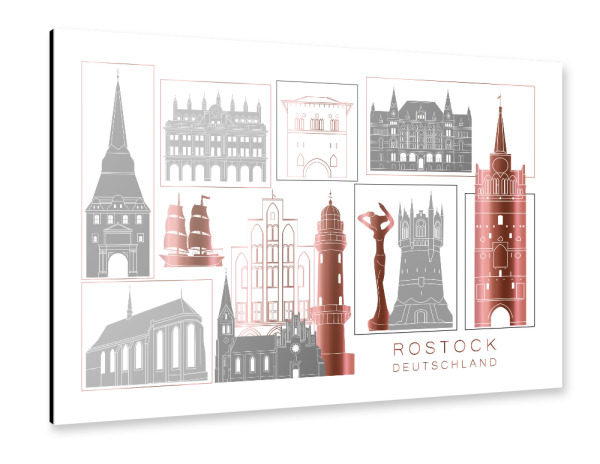 Alu-Dibond "Rostock skyline rosegold" 30x20 cm artboxONE
