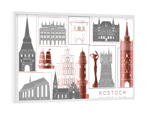 Poster mit weißem Rahmen "Rostock skyline rosegold" artboxONE - Städte,Reise,Architektur