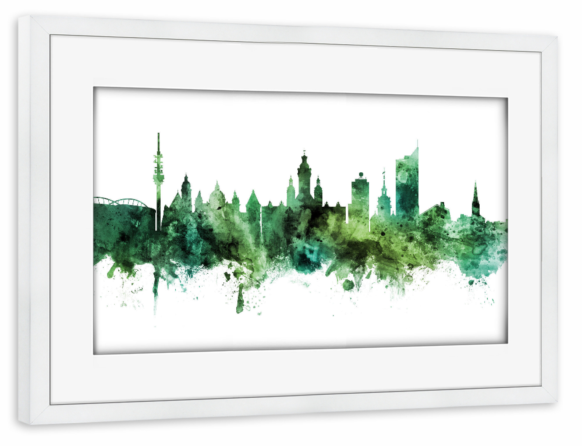 Poster mit Rahmen weiß "Leipzig Germany Skyline Green" artboxONE - Städte