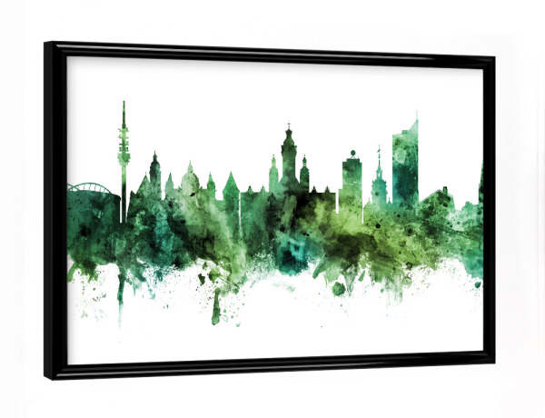 Poster mit schwarzem Rahmen "Leipzig Germany Skyline Green" artboxONE - Städte
