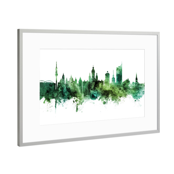 Poster mit Rahmen Silber "Leipzig Germany Skyline Green" artboxONE - Städte