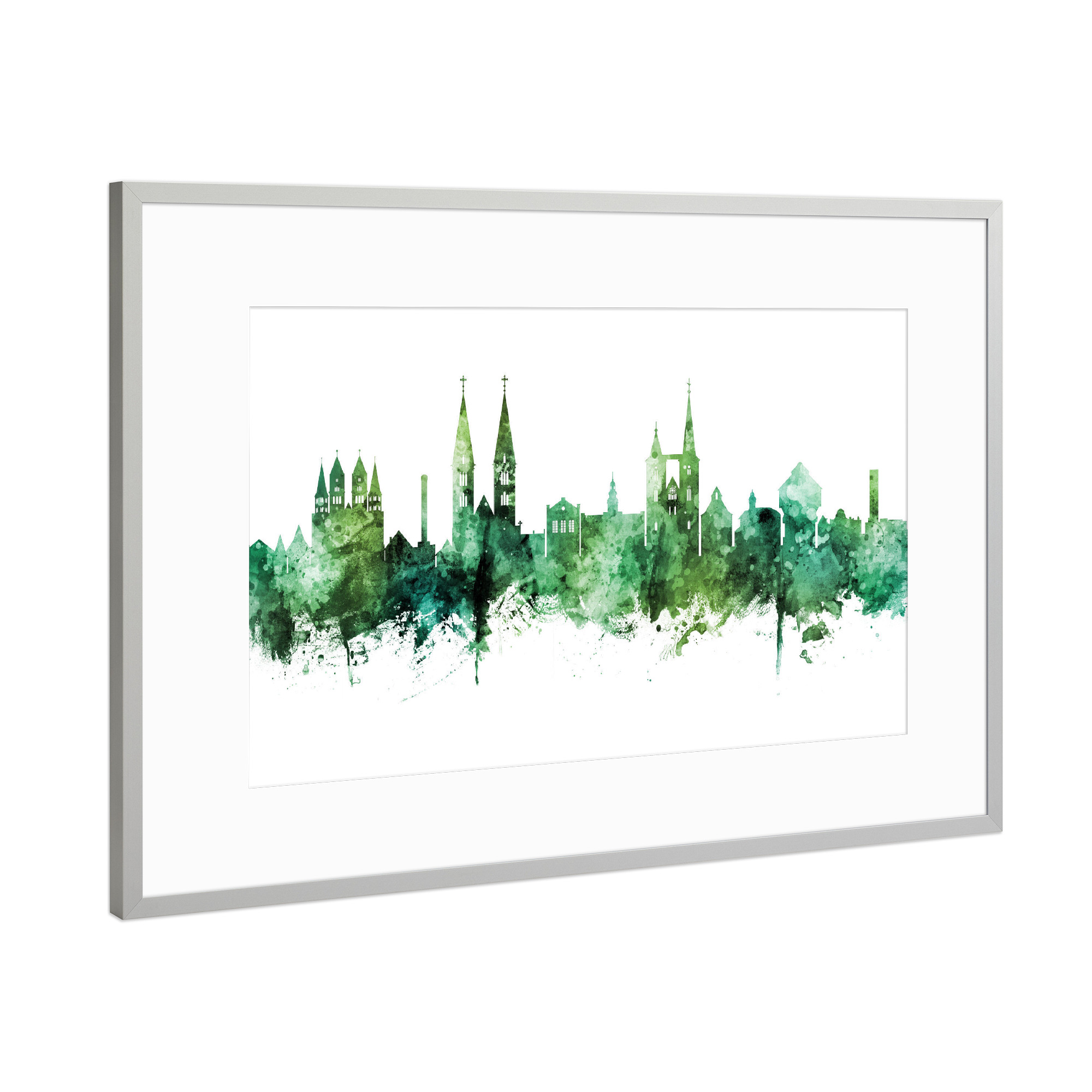 Poster mit Rahmen Silber "Halberstadt Germany Skyline Green" artboxONE - Städte