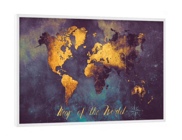 Poster mit weißem Rahmen "Map of the world gold dark blue" artboxONE - Reise,Kartografie