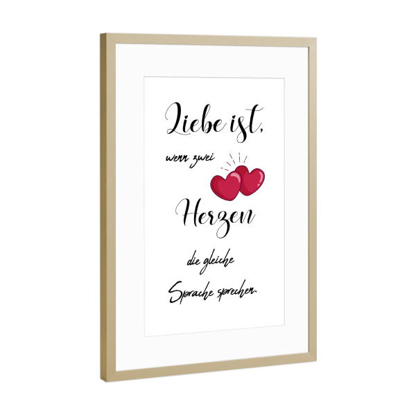 Poster mit Rahmen Gold "Zwei Herzen" artboxONE - Typografie,Liebe - Herz,Liebe,Sprache,Reden,Mann,Typografie,Typo,Frau,Paar,Love,Handschrift,Heart