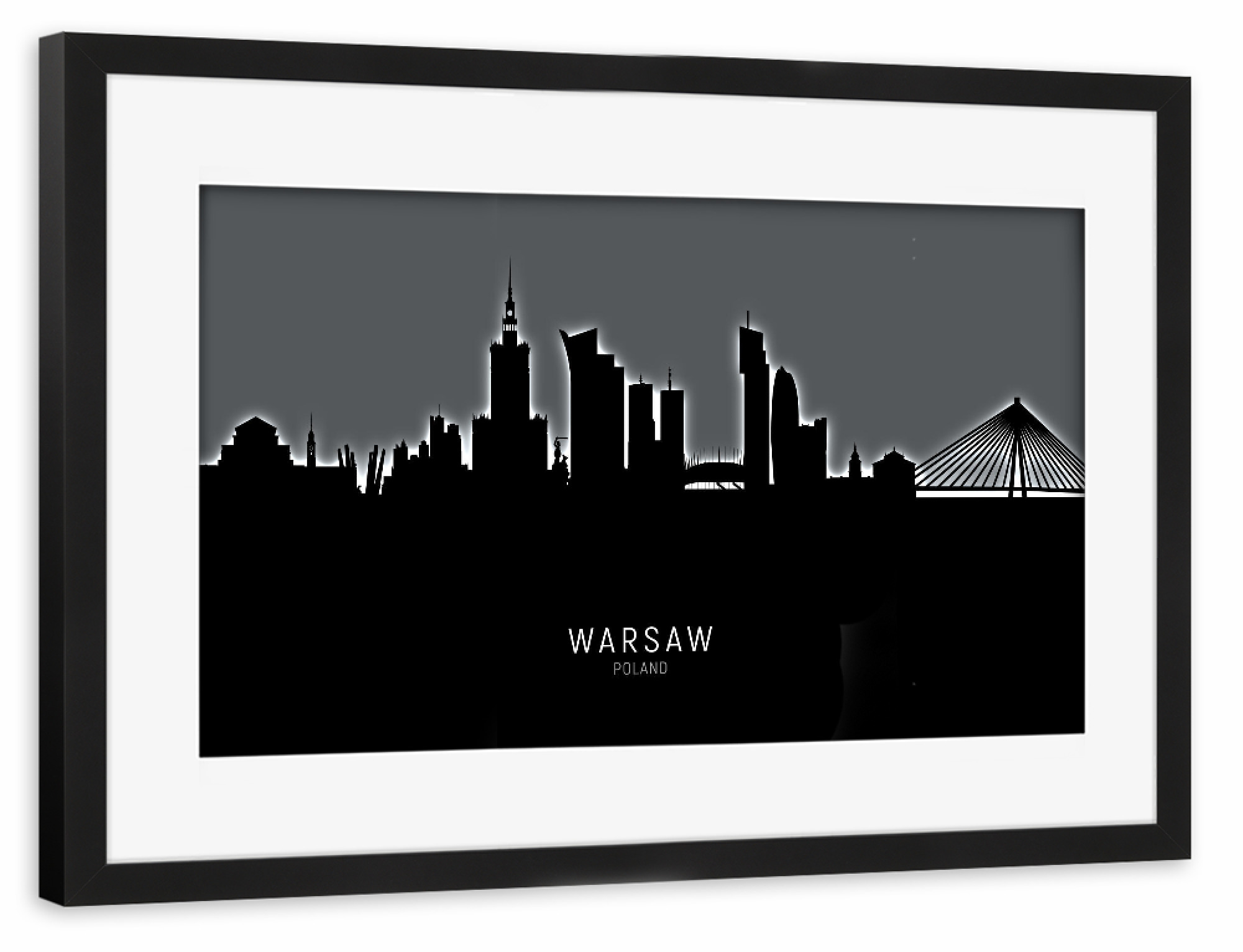 Poster mit Rahmen schwarz "Warsaw Poland Skyline Glow White" artboxONE - Städte
