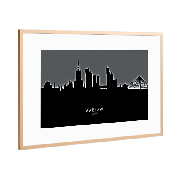 Poster mit Rahmen Kupfer "Warsaw Poland Skyline Glow White" artboxONE - Städte