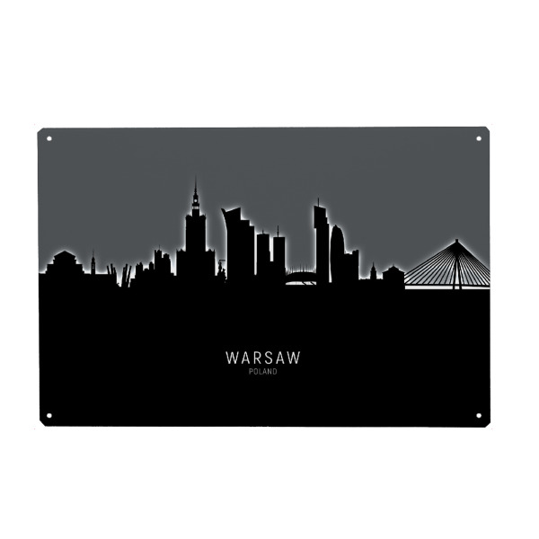 Metall Poster "Warsaw Poland Skyline Glow White" artboxONE - Städte - Warsaw,Poland,Skyline,Cityscape,Stadtbild,Watercolor,Polen,Warschau,Grau,Schwarz