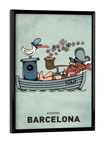 Poster mit schwarzem Rahmen "Barcelona Butterfly Ship" artboxONE - Reise,Streetart,Städte / Barcelona,Lustig