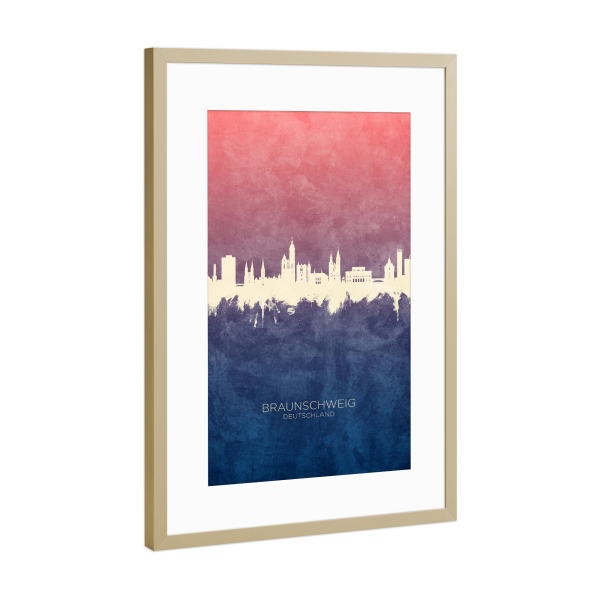 Poster mit Rahmen Gold "Braunschweig Skyline BlueRose" artboxONE - Städte