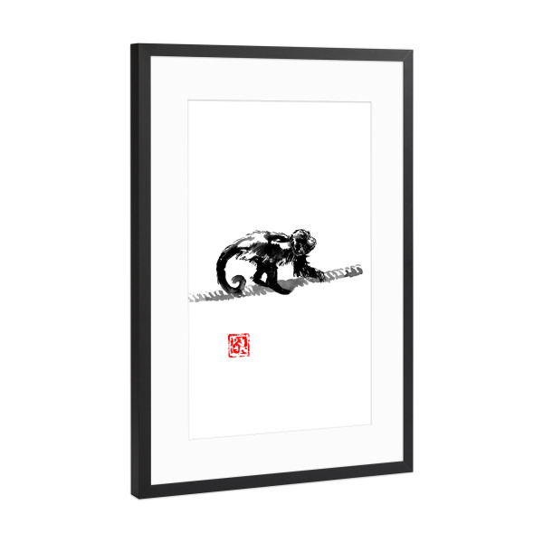 Poster mit Rahmen Schwarz (Metallic) "Monkey on a rope" artboxONE - Tiere - Monkey,Sumie,Ape,Japan,Affe,Wild,Animal,Tier,Schwarzweiß,Blackandwhite