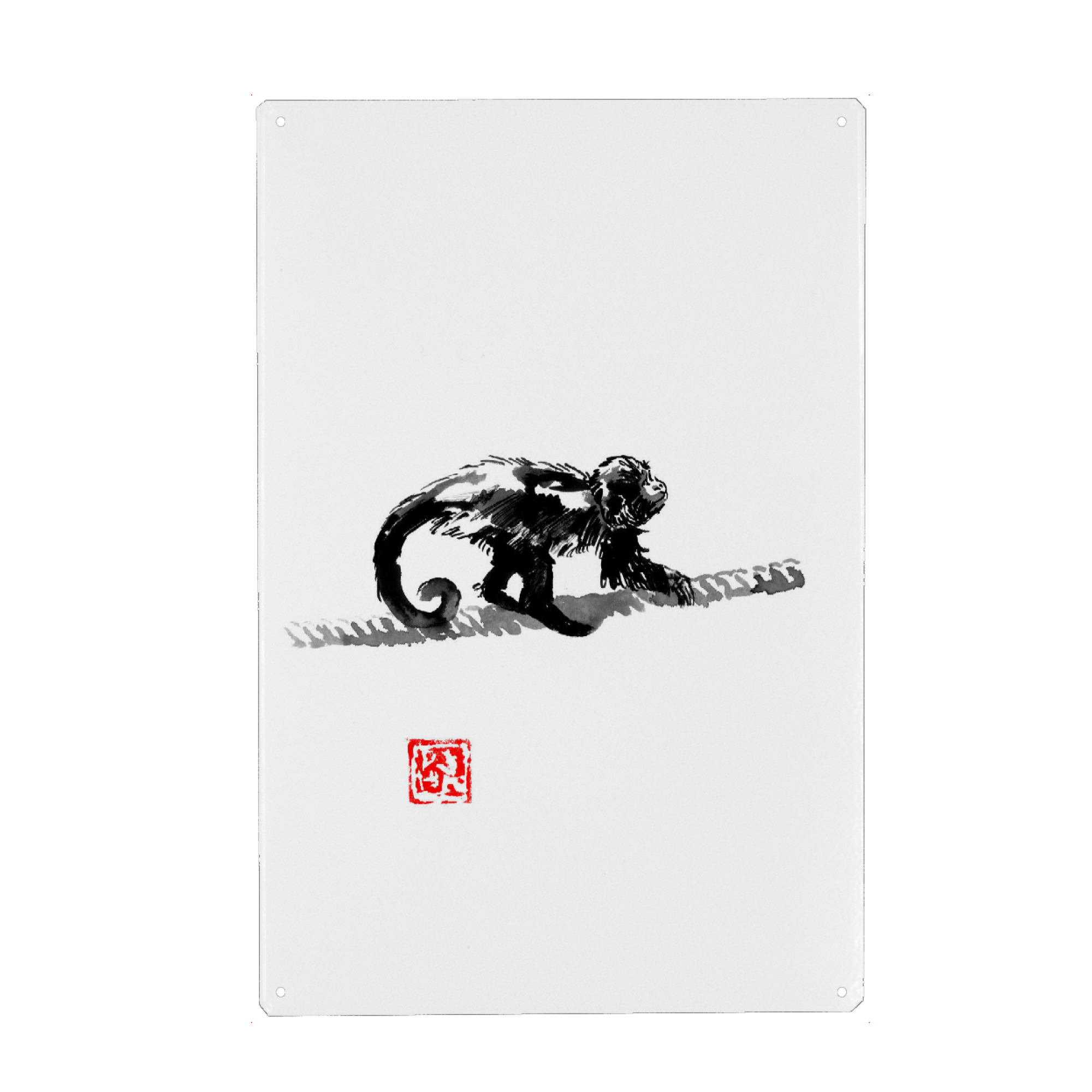 Metall Poster "Monkey on a rope" artboxONE - Tiere - Monkey,Sumie,Ape,Japan,Affe,Wild,Animal,Tier,Schwarzweiß,Blackandwhite - Blechschild