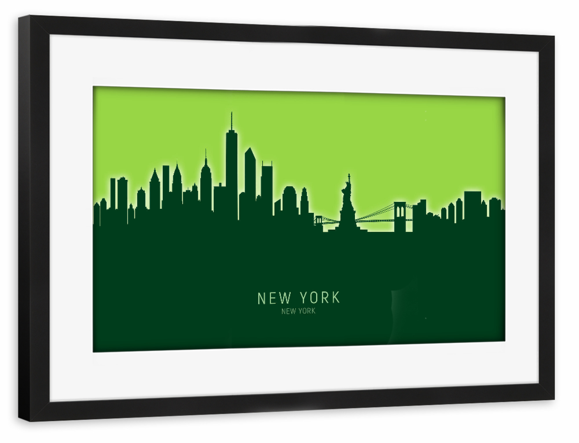 Poster mit Rahmen schwarz "New York Skyline Glow Green" artboxONE - Städte,Städte / New York
