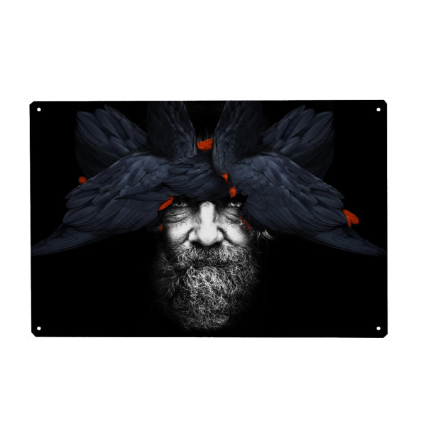 Holzbild "Bird Man Blue" artboxONE - Natur,Menschen,Männer - Face,Bird,Black and white,Art,Modern,Launch,Sophisticated,Greek,Red,Blue,Black