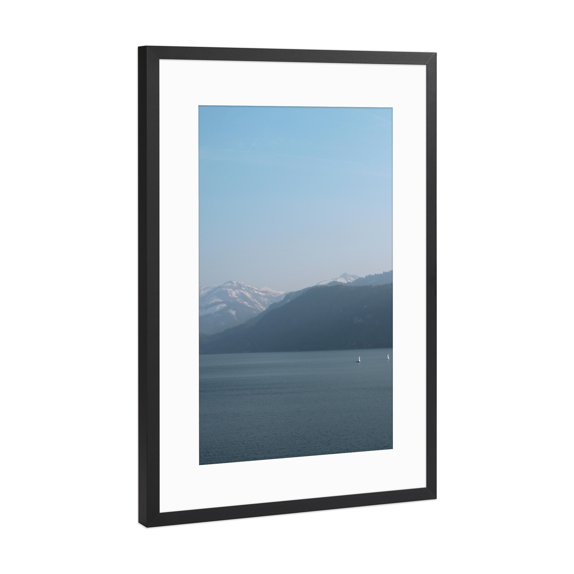 Poster mit Rahmen Schwarz (Metallic) "Winter lake and Sail boats" artboxONE - Natur,Menschen
