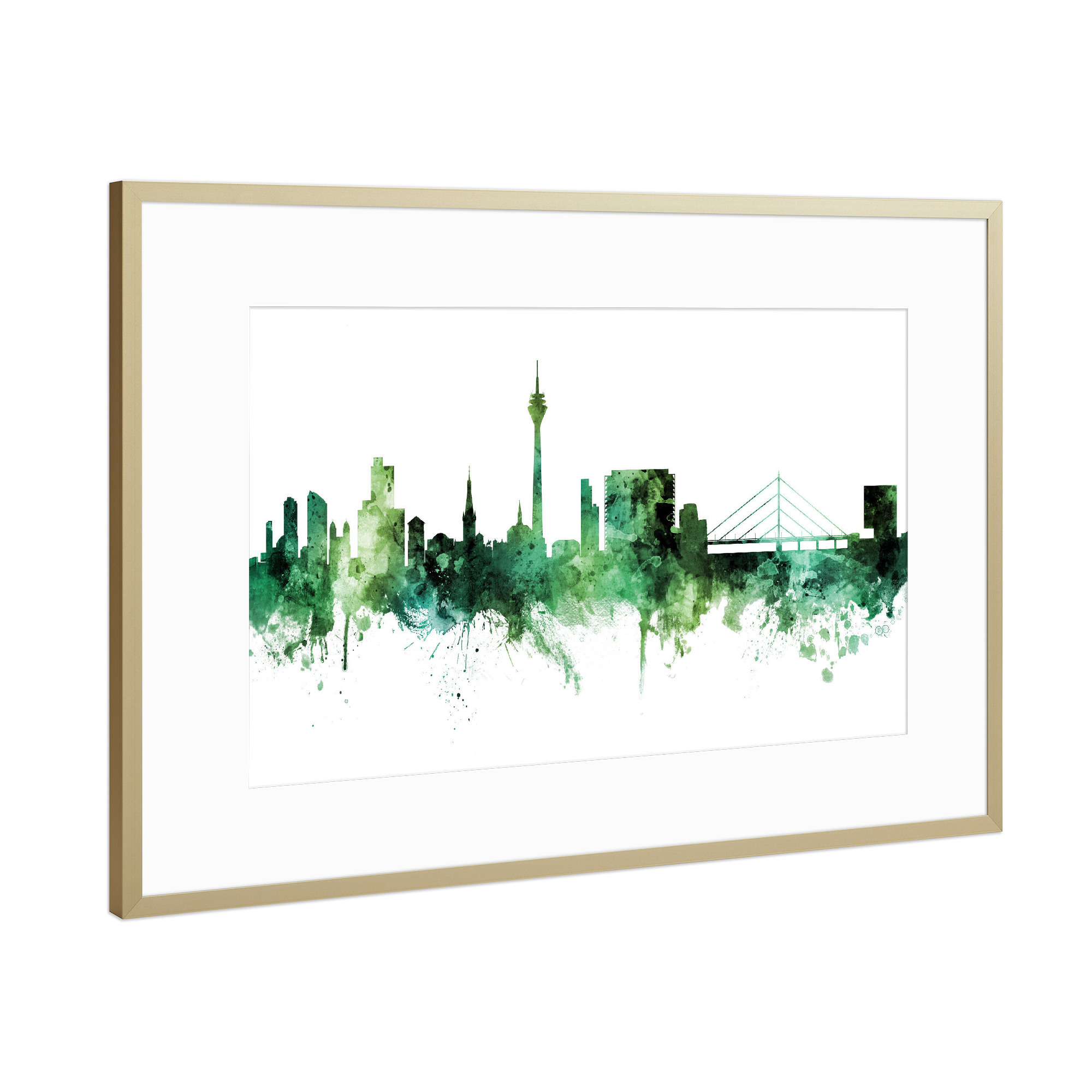 Poster mit Rahmen Gold "Düsseldorf Germany Skyline Green" artboxONE - Städte,Städte / Düsseldorf