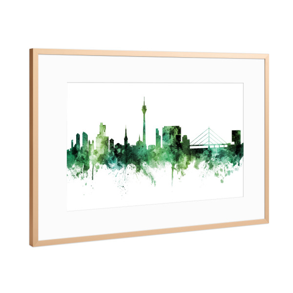 Poster mit Rahmen Kupfer "Düsseldorf Germany Skyline Green" artboxONE - Städte,Städte / Düsseldorf
