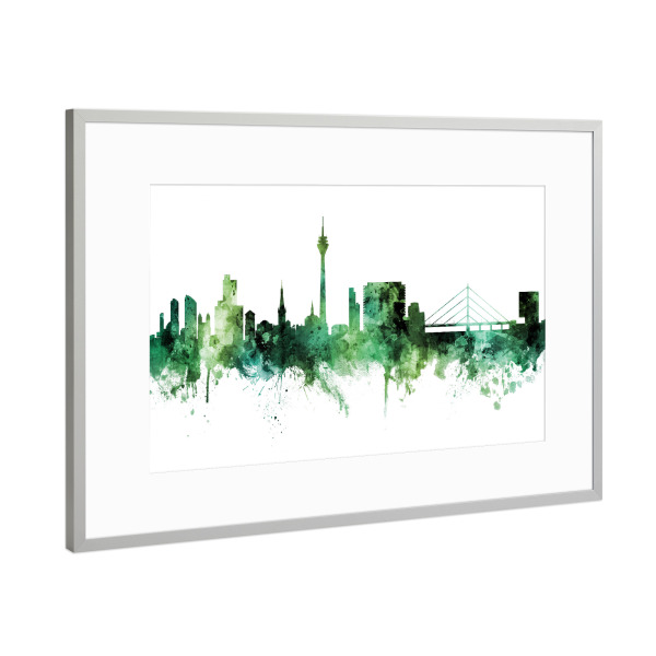 Poster mit Rahmen Silber "Düsseldorf Germany Skyline Green" artboxONE - Städte,Städte / Düsseldorf