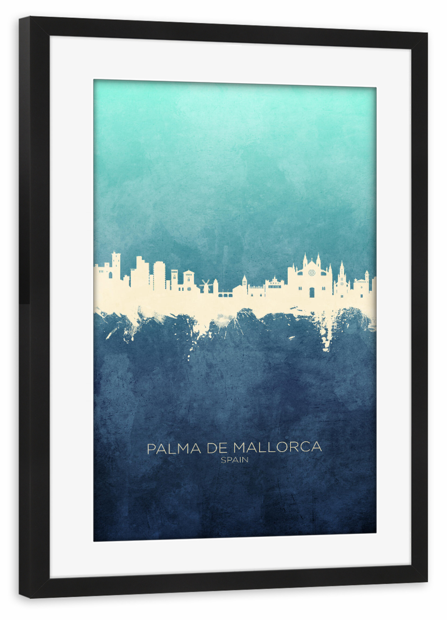 Poster mit Rahmen schwarz "Palma de Mallorca Skyline NavyCyan" artboxONE - Städte