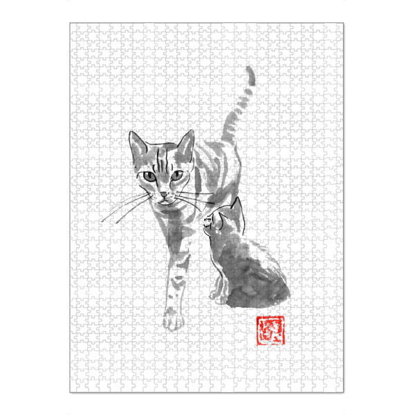 Puzzle Ravensburger "Cat and mother" artboxONE - Natur - Cat,Neko,Sumie,Japan,Katze,Animal,Tier,Pat,Schwarzweiß,Blackandwhite - Bild cat