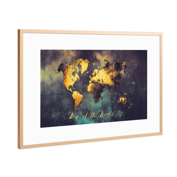 Poster mit Rahmen Kupfer "Map of the world gold dark" artboxONE - Reise,Kartografie