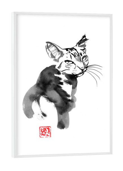 Poster mit weißem Rahmen "Mother cat" artboxONE - Tiere - Cat,Neko,Japan,Sumie,Katze,Malerei,Animal,Pet,Tier,Schwarzweiß,Blackandwhite
