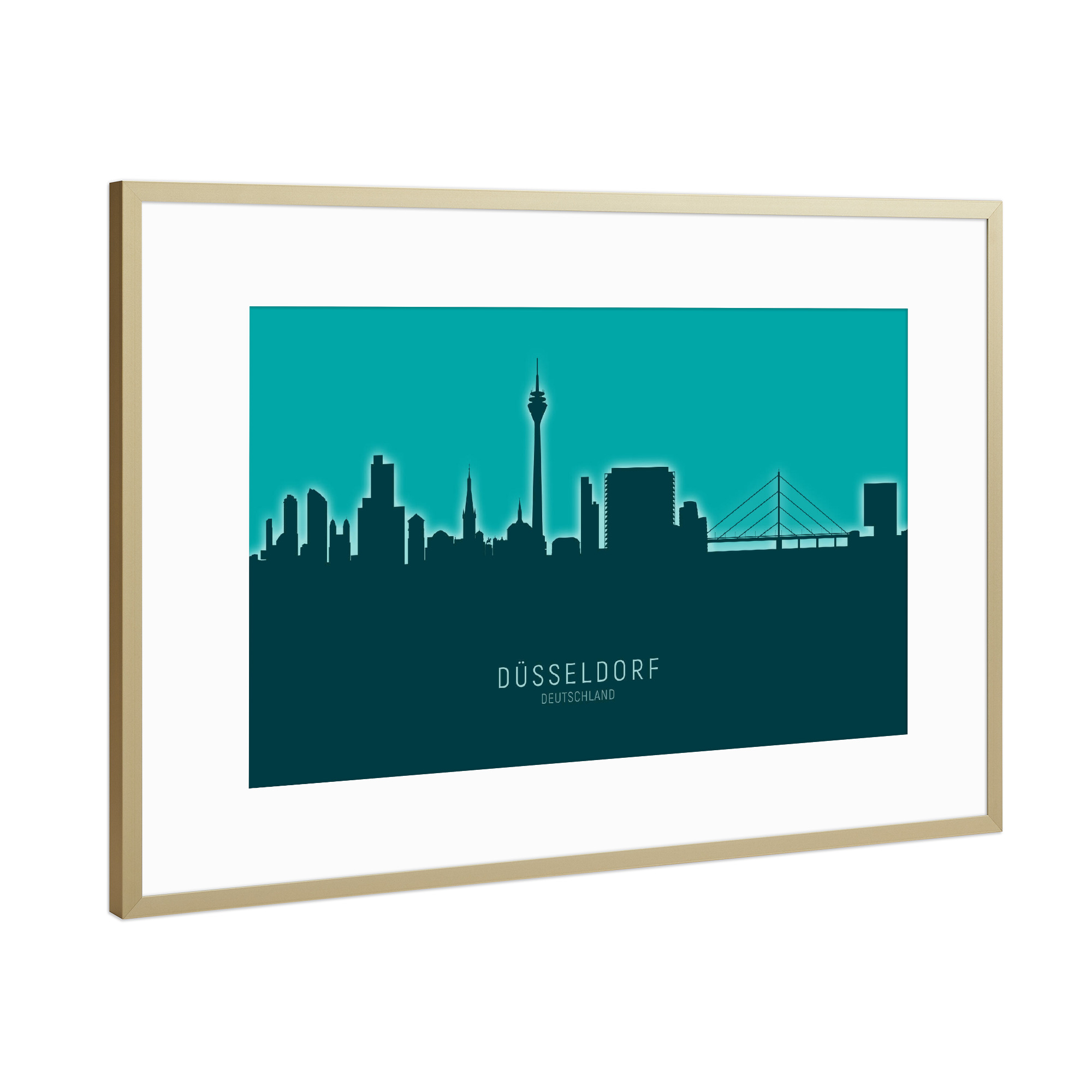 Poster mit Rahmen Gold "Düsseldorf Skyline Glow Teal" artboxONE - Städte