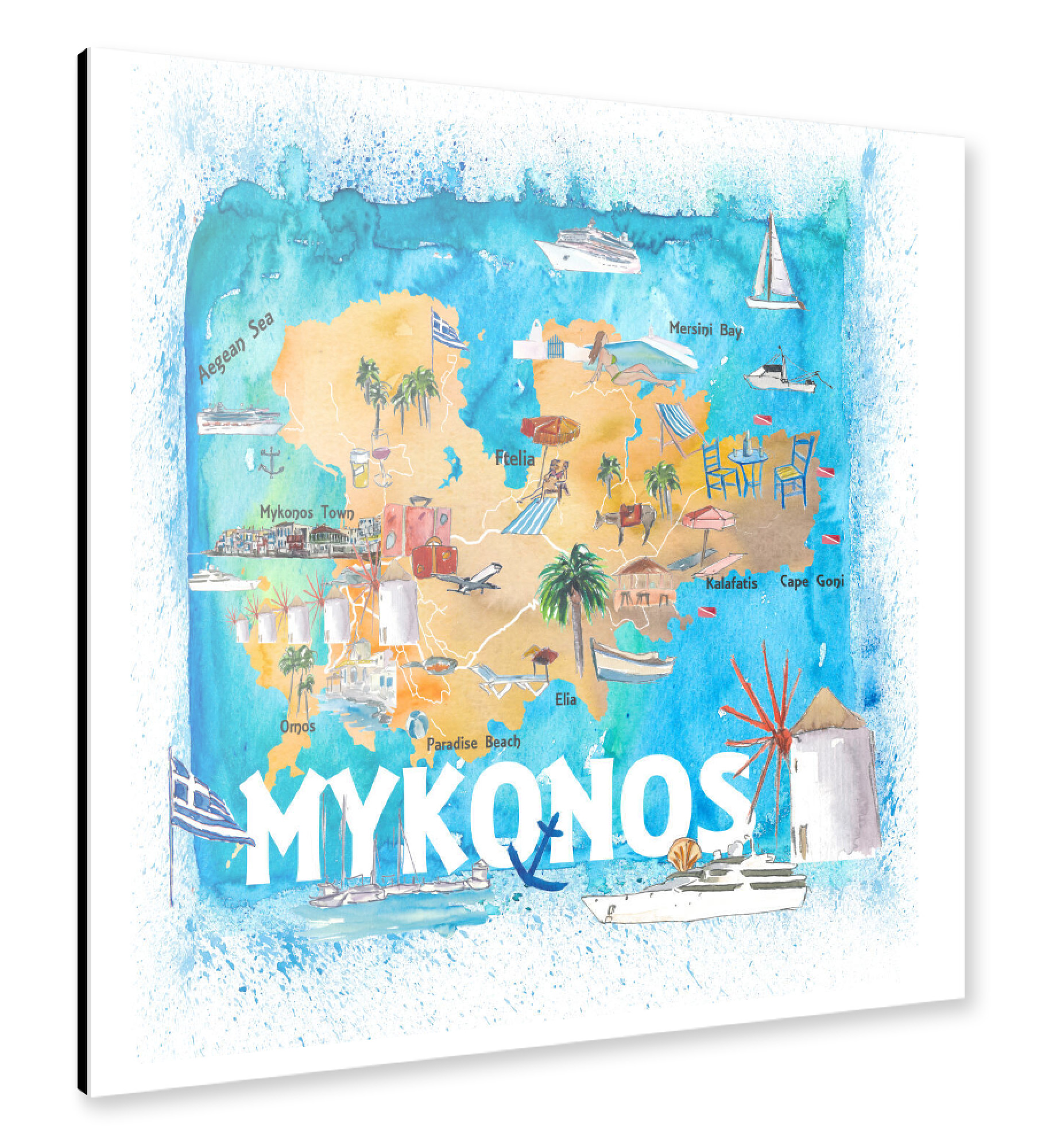 Alu-Dibond "Mykonos Illustrated Map" 30x30 cm artboxONE