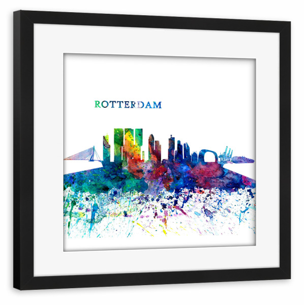 Poster mit Rahmen schwarz "Rotterdam Skyline Silhouette" artboxONE - Städte,Architektur