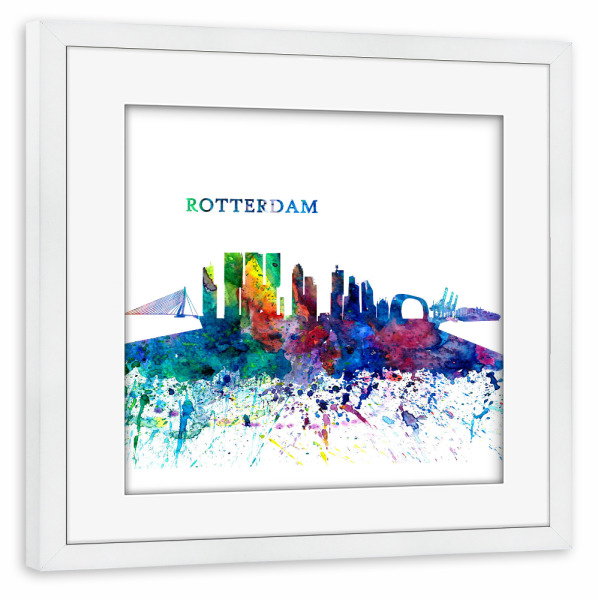 Poster mit Rahmen weiß "Rotterdam Skyline Silhouette" artboxONE - Städte,Architektur