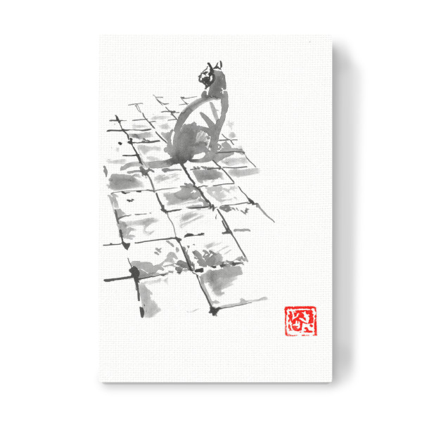 Leinwandbild "Cat on tarrace" artboxONE - Tiere - Cat,Neko,Sumie,Japan,Katze,Animal,Tier,Pet,Schwarzweiß,Blackandwhite