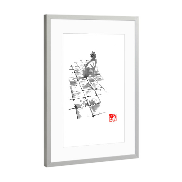 Poster mit Rahmen Silber "Cat on tarrace" artboxONE - Tiere - Cat,Neko,Sumie,Japan,Katze,Animal,Tier,Pet,Schwarzweiß,Blackandwhite